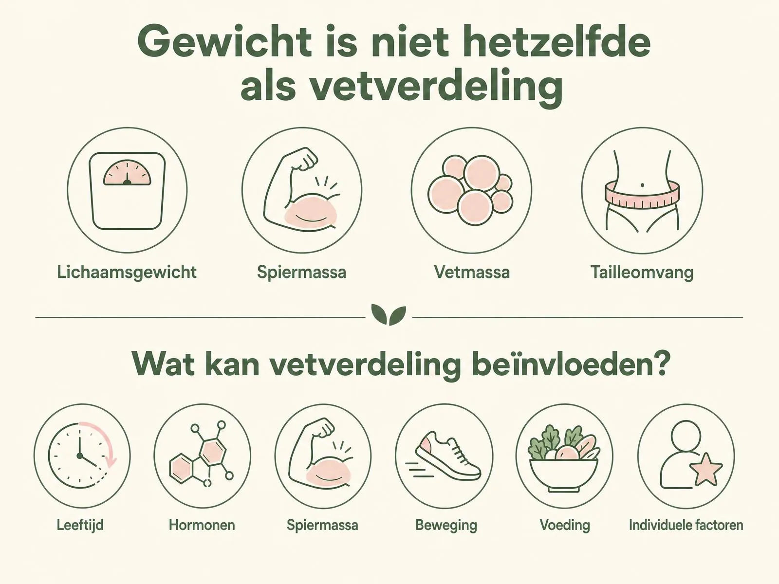 Infographic met bovenaan vier begrippen — lichaamsgewicht, spiermassa, vetmassa en tailleomvang — en onderaan zes factoren die vetverdeling kunnen beïnvloeden