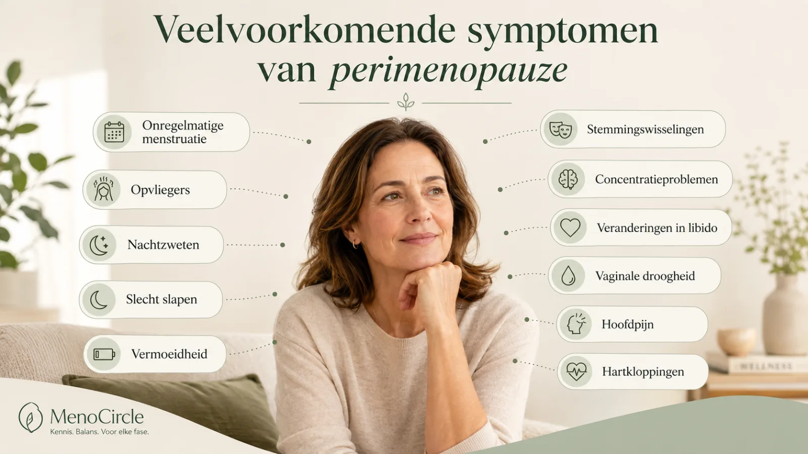Infographic met veelvoorkomende symptomen van perimenopauze, zoals opvliegers, nachtzweten, slecht slapen, vermoeidheid en stemmingswisselingen.