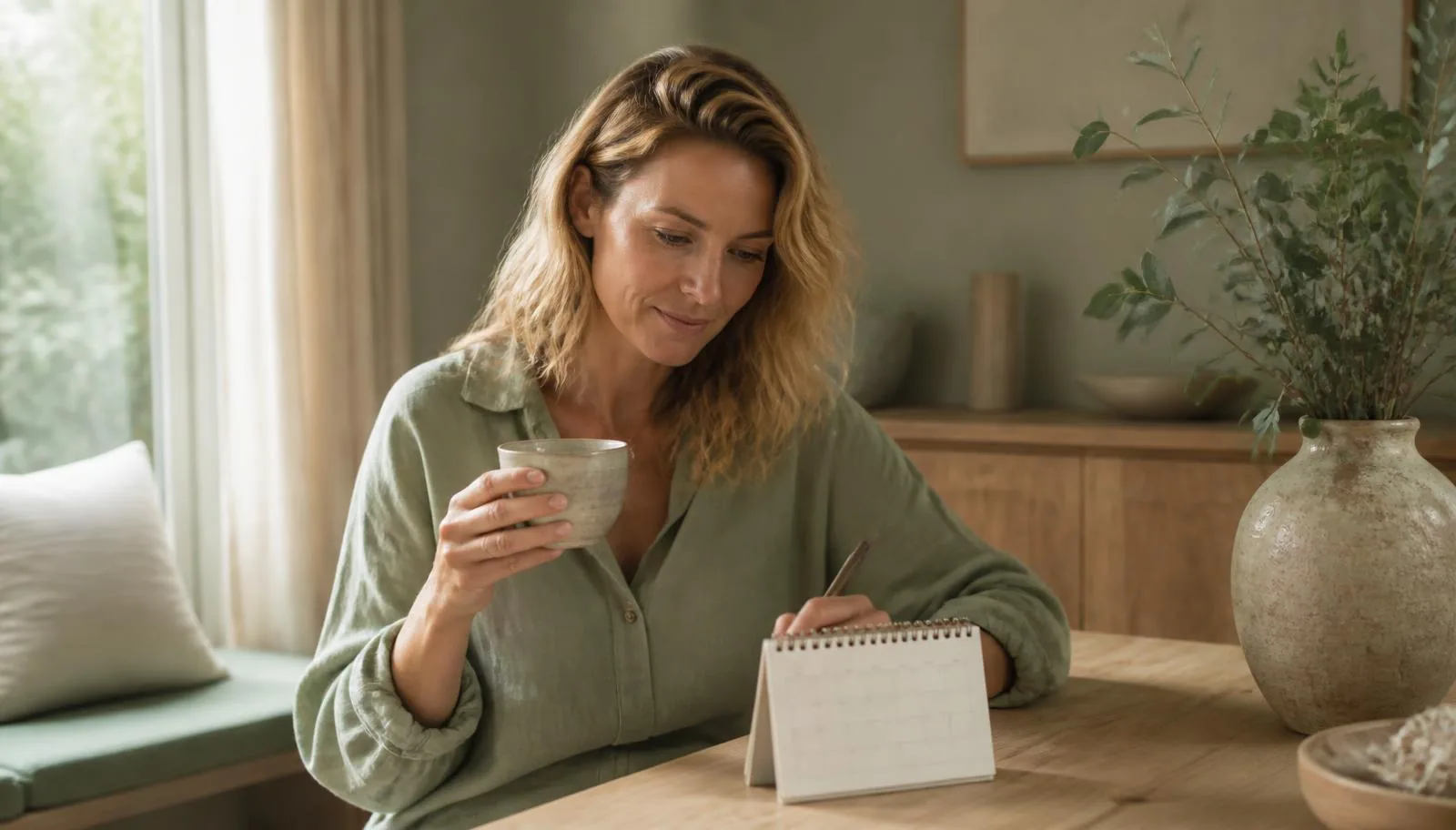 Vrouw van rond de 45 noteert thuis aan tafel de datum van haar menstruatie in een kalender