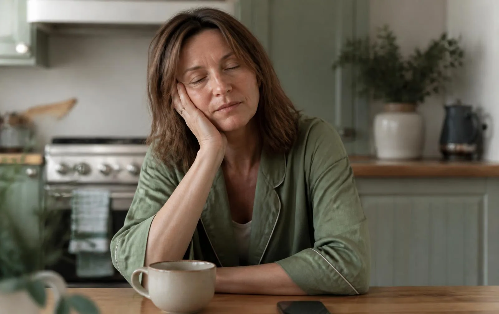 Vrouw van rond de vijfenveertig zit vermoeid aan de keukentafel met een kop thee in ochtendlicht