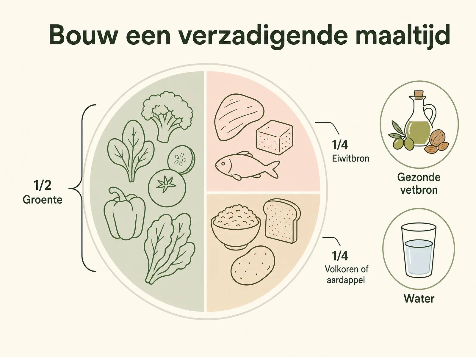 Infographic van een bord verdeeld in de helft groente, een kwart eiwitbron en een kwart volkoren of aardappel, met daarnaast een gezonde vetbron en water