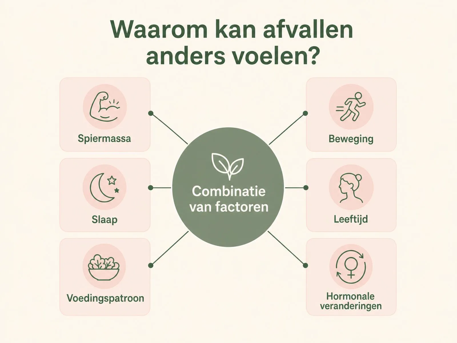 Infographic met zes factoren rond een centrale cirkel: spiermassa, beweging, slaap, leeftijd, voedingspatroon en hormonale veranderingen