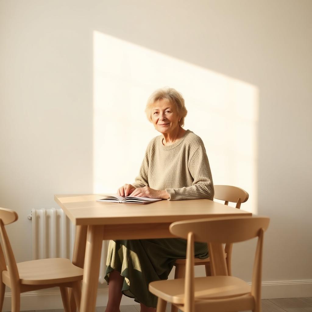 Vrouw van in de vijftig werkt rustig aan haar persoonlijke 12-wekenplan aan een lichte houten tafel